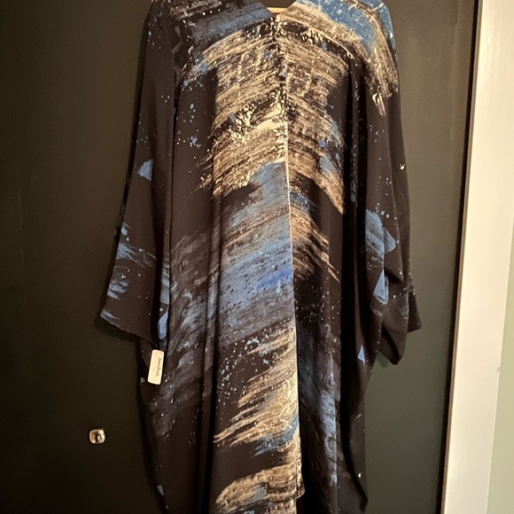 eskandar Vintage Abstract V Back Open Coat — Black and Blue Silk Jacket NWT